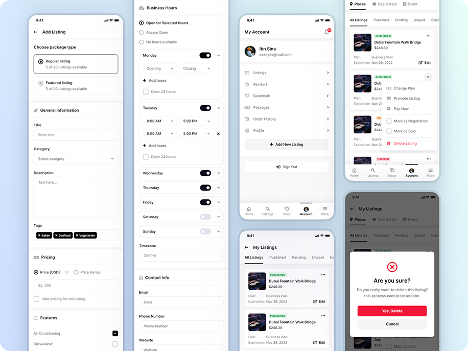Directorist listing creation, account, and listing management screens